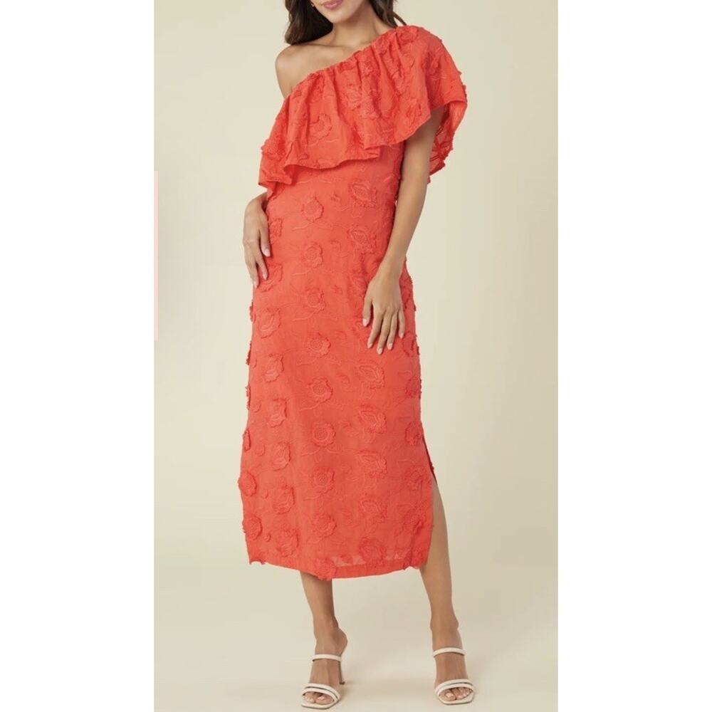 One-Shoulder Ruffle Midi Dress in Coral Orange